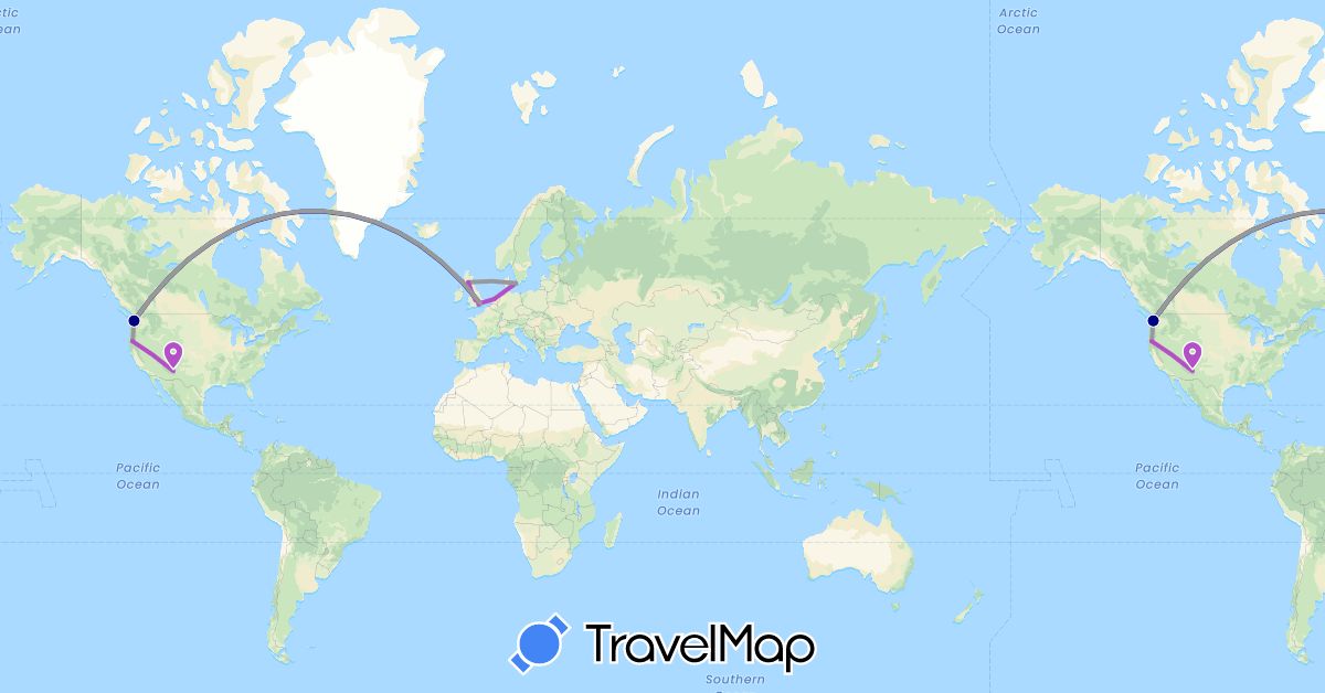 TravelMap itinerary: driving, plane, train in Denmark, United Kingdom, Netherlands, United States (Europe, North America)